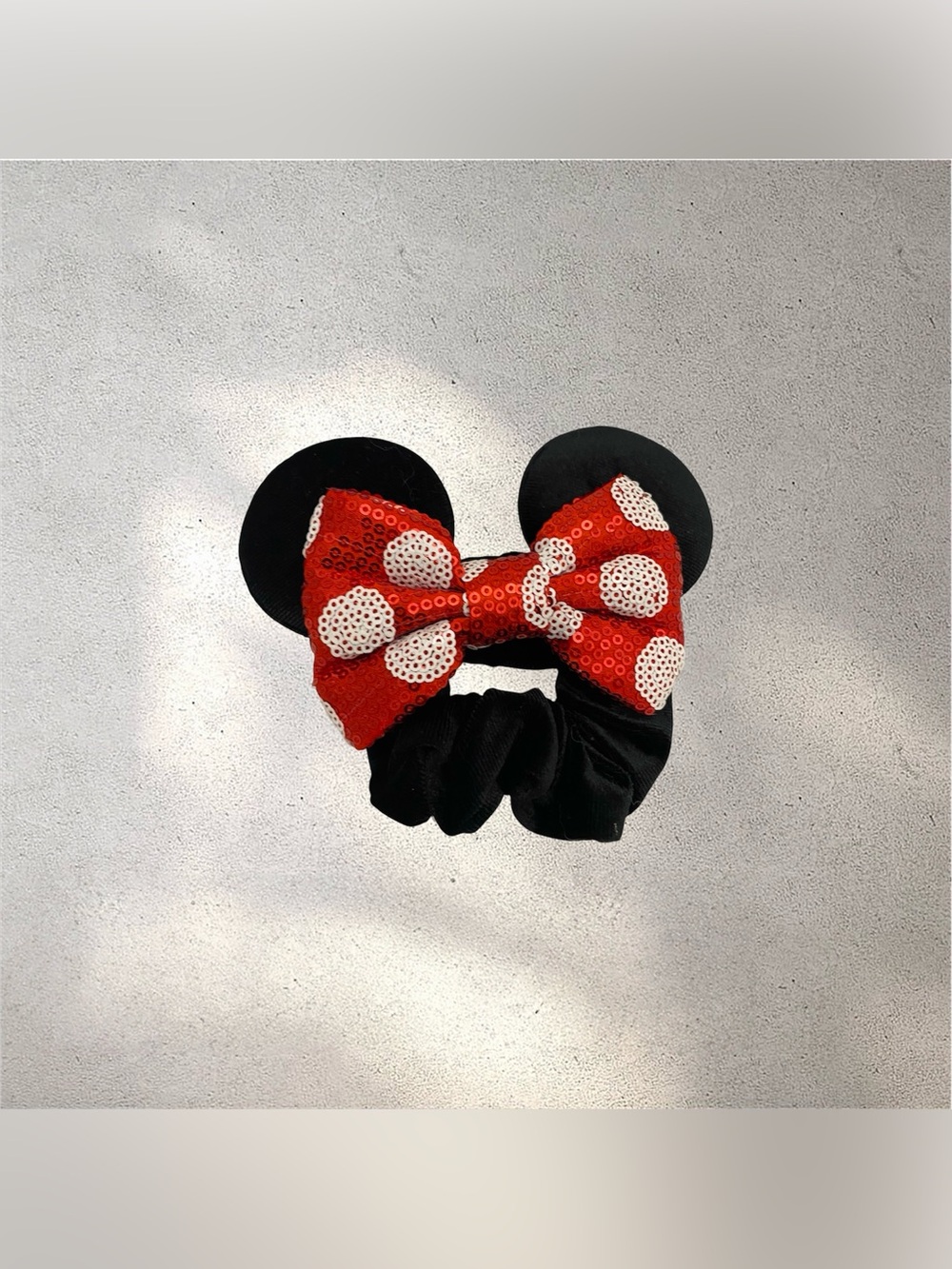 Mouse Scrunchie Black Velvet Mouse Ears with Red & White Polka Dot Sequin Bow